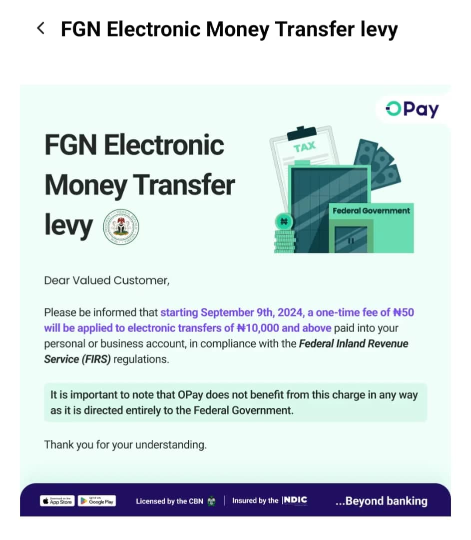 Fintechs Begin Charging N50 Transfer Levy on Transactions from N10,000 and above.